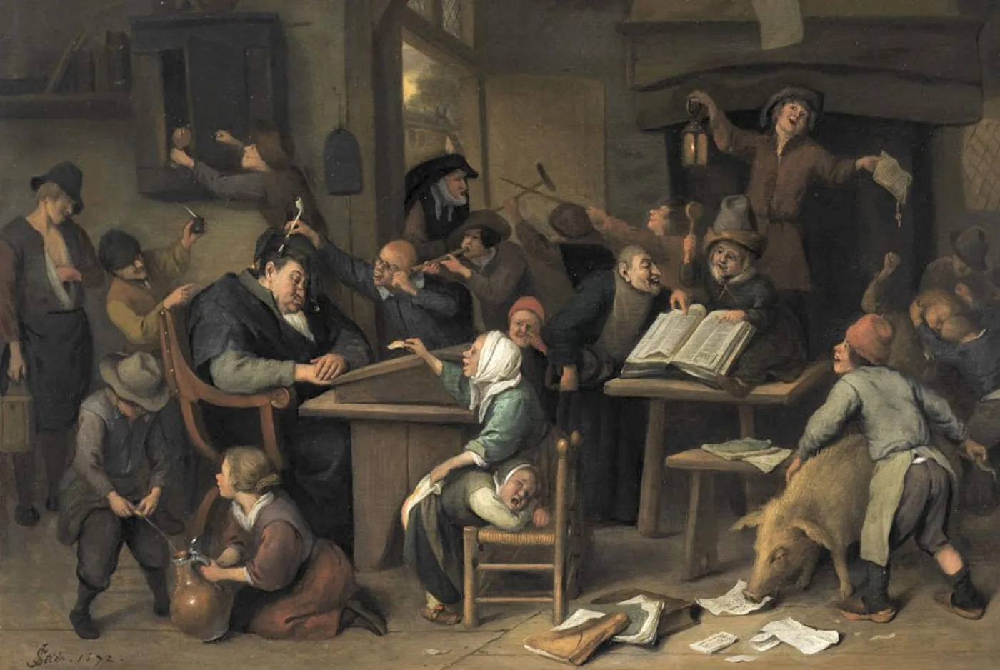 Sala escolar do século XVII em desordem, com crianças brincando enquanto o mestre dorme.